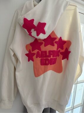 Aelfric Eden White Hoodie with Hot Pink Stars and Coral Star Backing